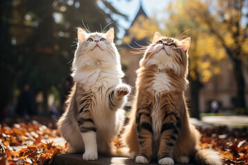 Two cats are walking in an autumn park.