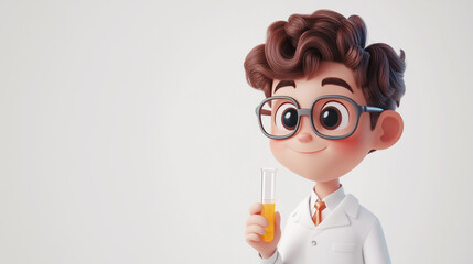 3D illustration of a young animated boy dressed as a scientist, holding a test tube with a bright yellow solution