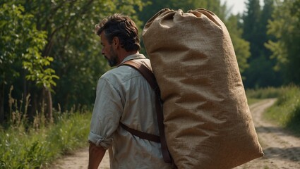 Person walking on a path in nature with a large sack.