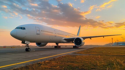 Commercial airplane taxiing on runway at sunrise