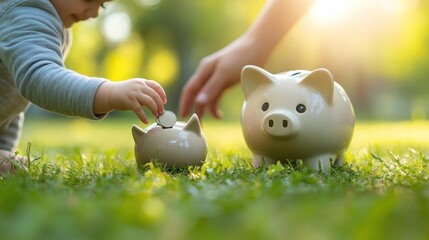 A serene outdoor scene of a small child depositing coins into a piggy bank, under the watchful eye of a parent