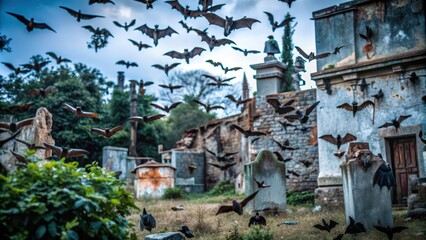 Fototapeta premium Bats Flying Over an Abandoned Cemetery
