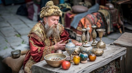 An artisan dressed in historical clothing sells unique pottery and decorative items at an outdoor market, surrounded by vibrant autumn scenery and various handmade goods on display
