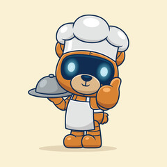 Cute bear robot cartoon in chef costume with dish, vector icon illustration