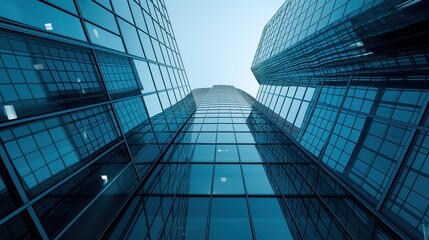 Tall glass skyscrapers reflect sunlight as they rise high into the sky, showcasing a contemporary architectural design in an urban setting