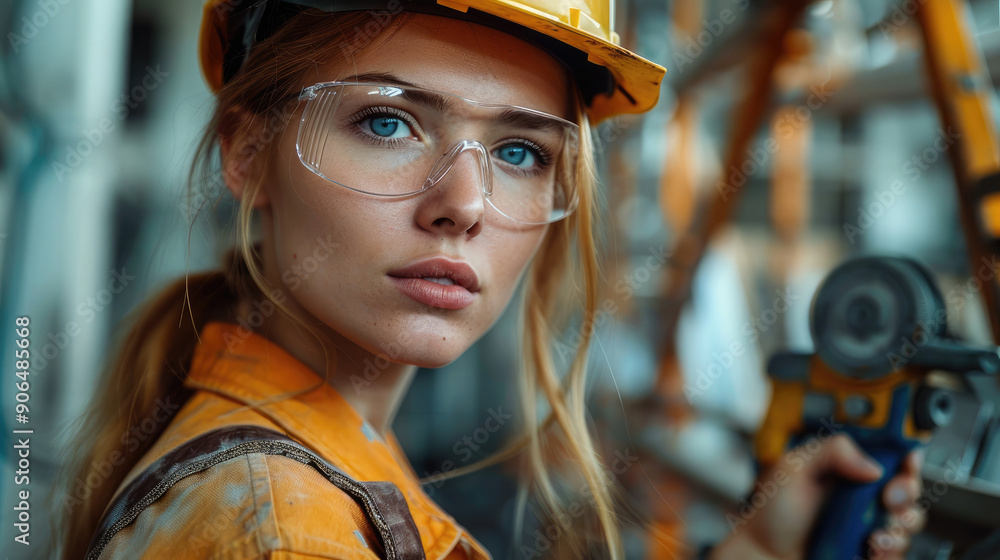 Poster female builder with tools at work. generative ai.