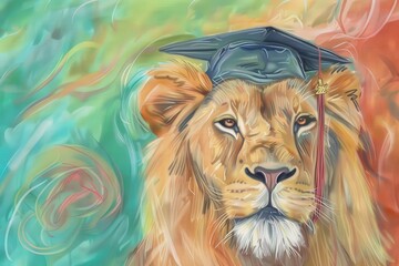 Lion Wizard Wearing Graduation Hat Artwork on Colorful Background