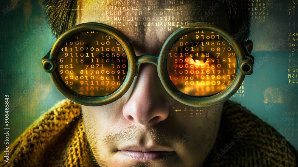 Poster a young man wearing intricate steampunk goggles focuses intently on swirling data patterns projected