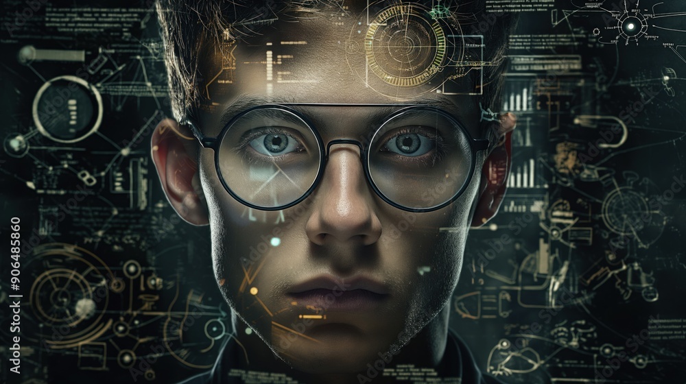 Poster a young person with glasses intensely examines intricate data visualizations illuminated by screens 
