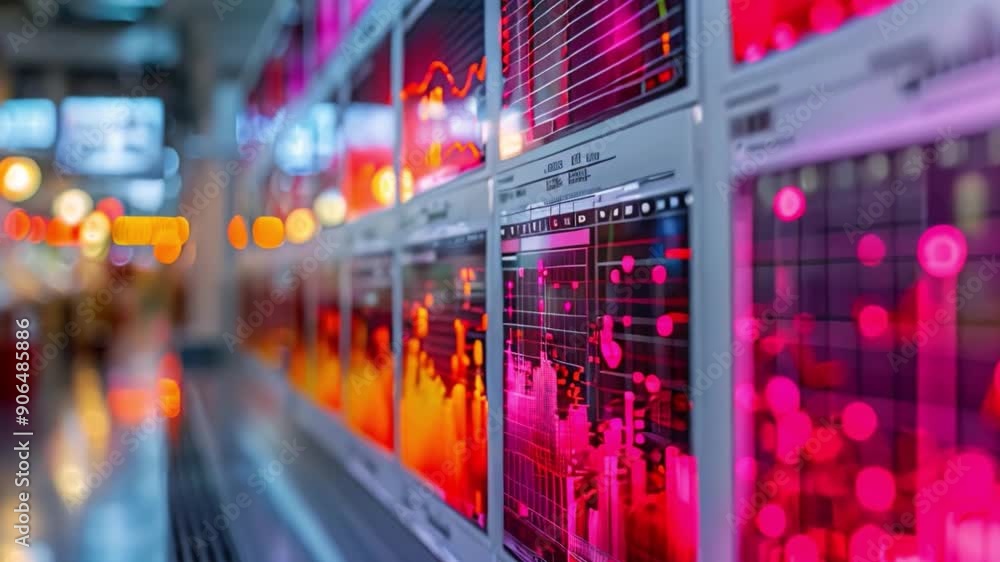 Poster a close-up view of a wall lined with computer monitors displaying financial data in a brightly lit o