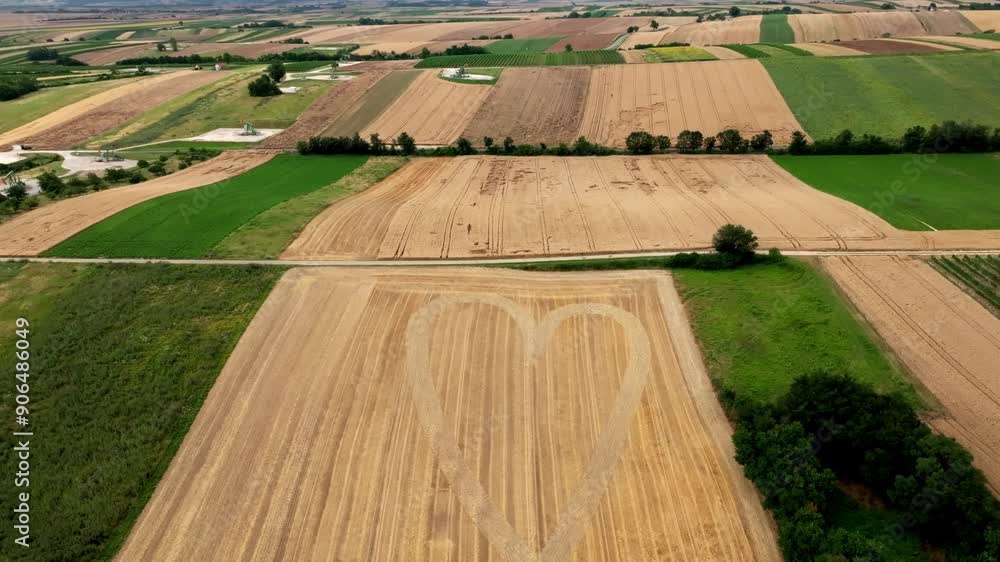 Poster panoramic view over grain field with heart shape pattern - drone shot
