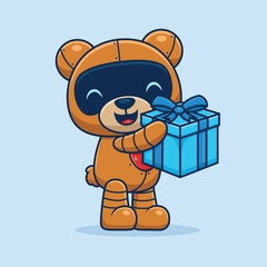 Cartoon cute bear robot with gift box, vector icon illustration
