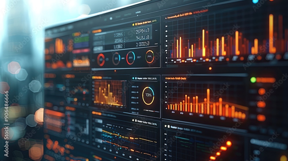 Poster financial analytics dashboard, data visualization charts, flat design illustration. generative ai.