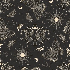 Seamless vector pattern with plants, stars, butterflies, sun, crescent. Boho pattern for astrology, textiles, wrapping paper, design.