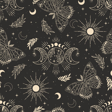 Seamless vector pattern with plants, stars, butterflies, sun, crescent. Boho pattern for astrology, textiles, wrapping paper, design.