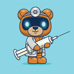 Cartoon cute bear robot in doctor costume with big syringe