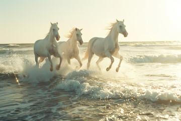 Three majestic white horses gallop freely through the sunlit waves, creating splashes as they move gracefully along the shore.