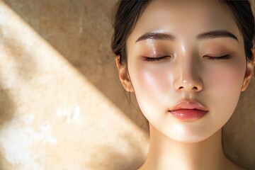 Naklejka premium A tranquil portrait of a young woman with closed eyes, showcasing natural beauty and serene facial features against a soft background.