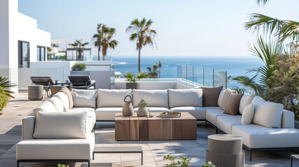 Modern rooftop balcony with white sofas overlooking sea water and palm trees