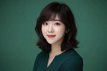 Fototapeta premium Portrait of a young woman with a cheerful smile, showcasing natural beauty against a solid green background.