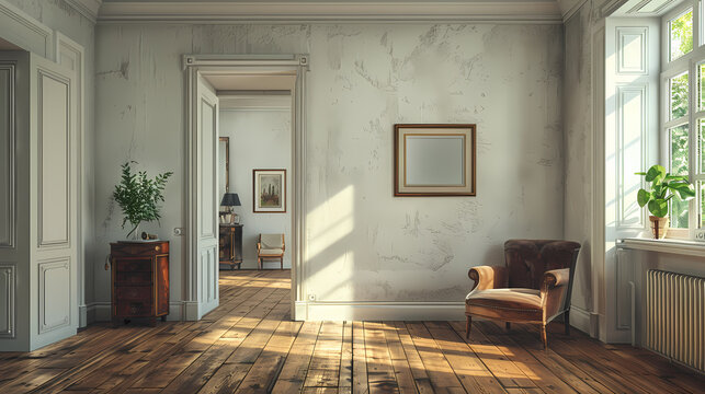 A sunlit living room with an open doorway leading to another room. The room features an antique armchair, a small chest of drawers, a framed picture on the wall, and a window with a view of greenery. - Powered by Adobe