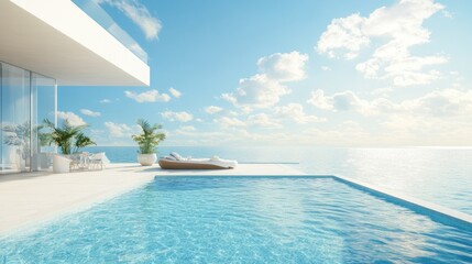 Stunning modern villa with an infinity pool overlooking a scenic blue ocean under a bright sky filled with fluffy clouds.