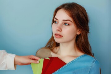 Personal stylist and color analyst consultation. Selection of colors matching skin tone and appearance from palette.