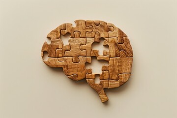 Wooden puzzle in the shape of a brain with some pieces missing, set against a light background