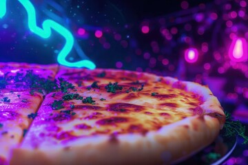Colorful Italian Margherita Pizza in Indian Style with Neon Lights