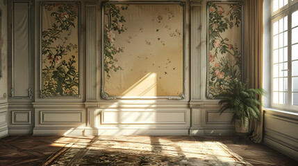 A vintage interior with ornate floral wallpaper and wood floors. Sunlight streams through a large window, casting shadows across the room.