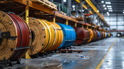 Industrial cable reels of various colors in warehouse. Rows of large coils with multicolored cables in wooden pallets