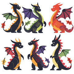 Six colorful cartoon dragons, illustrated various poses showing playful, friendly characters, dragon displays unique pattern scales, horns, wings, designed vibrant primary secondary colors. Cute