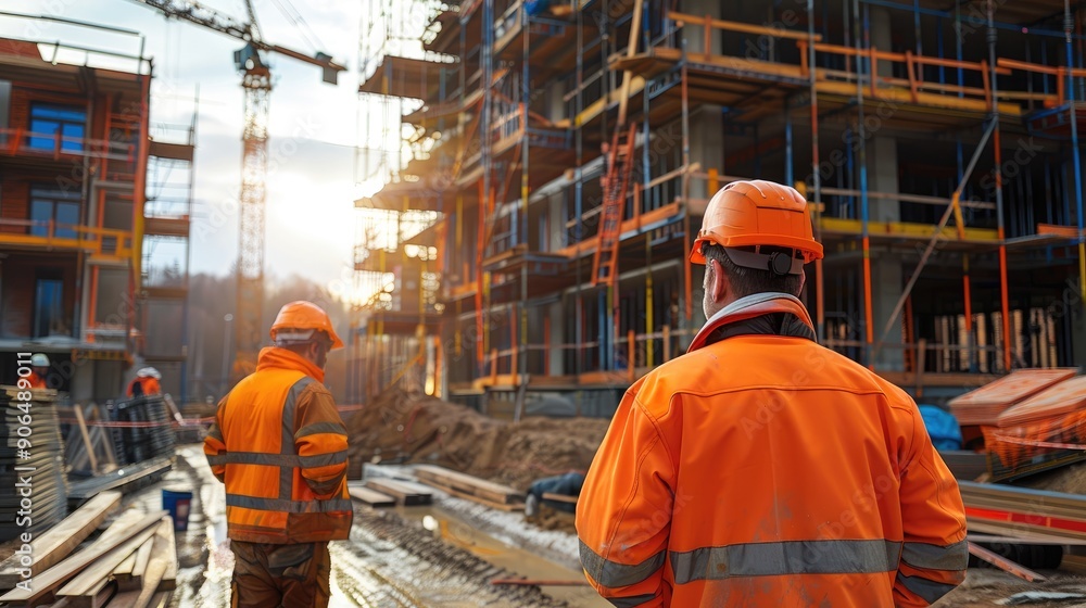 Aufkleber construction workers on-site, working diligently, the construction site in the background features a