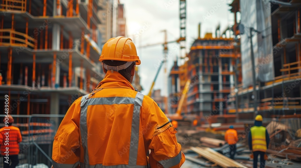 Aufkleber construction workers on-site, working diligently, the construction site in the background features a