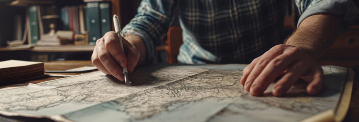Cartographer working with cadastral maps at wooden table in office, closeup