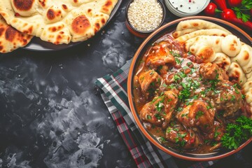 Delicious Indian Butter Chicken with Naan Bread and Fresh Herbs in a Fusion Style