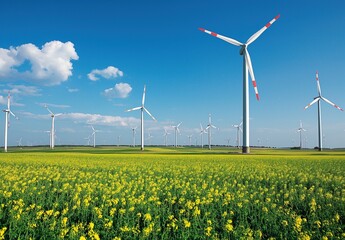 Wind turbines in a field with yellow flowers under a blue sky