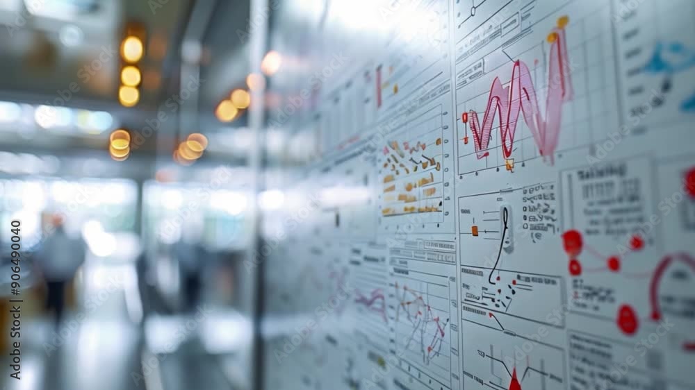 Poster whiteboard in office covered with diagrams, notes, and graphs suggests a brainstorming or project pl