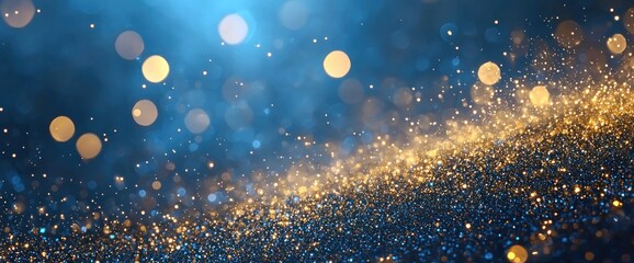 Obraz premium Beautiful abstract background with golden glittering lights and bokeh on a blue night sky. Generative ai