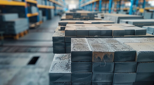 A silicon carbide bricks neatly stacked, some blocks are aligned while others are slightly off. The background is an industrial warehouse with metallic racks. Generative AI.