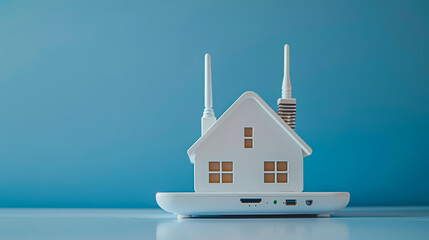 A small white house figurine sits on top of a router, representing the concept of home internet connectivity. The blue background creates a clean and modern aesthetic.