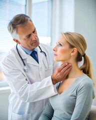 A doctor checks a patient's thyroid gland,hyperthyroidism, and throat and neck swelling