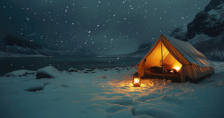A camping tent, in a dark night snow beach, with campfire light from inside of it. A camping lantern hanging on the side wall. Generative AI.