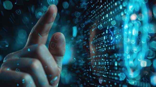 A finger interacting with a digital interface, surrounded by glowing blue shapes and lines.