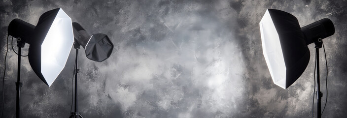 Grey photo background and professional lighting equipment in studio. Space for text