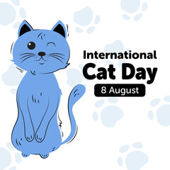 Adorable poster featuring a blue kitten winking is perfect for celebrating International Cat Day on August 8. This cheerful and simple design is ideal for greeting cards, posters, marketing materials