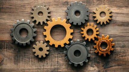 A collection of interlocking gears on a wooden surface, symbolizing interconnected ideas