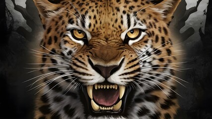 Obraz premium Cinematic Leopard Face Illustration: Digital Art Vector Design. xperience the striking beauty of a leopard's face in this cinematic digital art piece. 