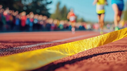 A finish line tape snapped, signifying a race completion, with a backdrop of a cheering crowd blurred out