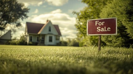 A "For Sale" sign on a freshly mowed lawn, with a cozy house in the background